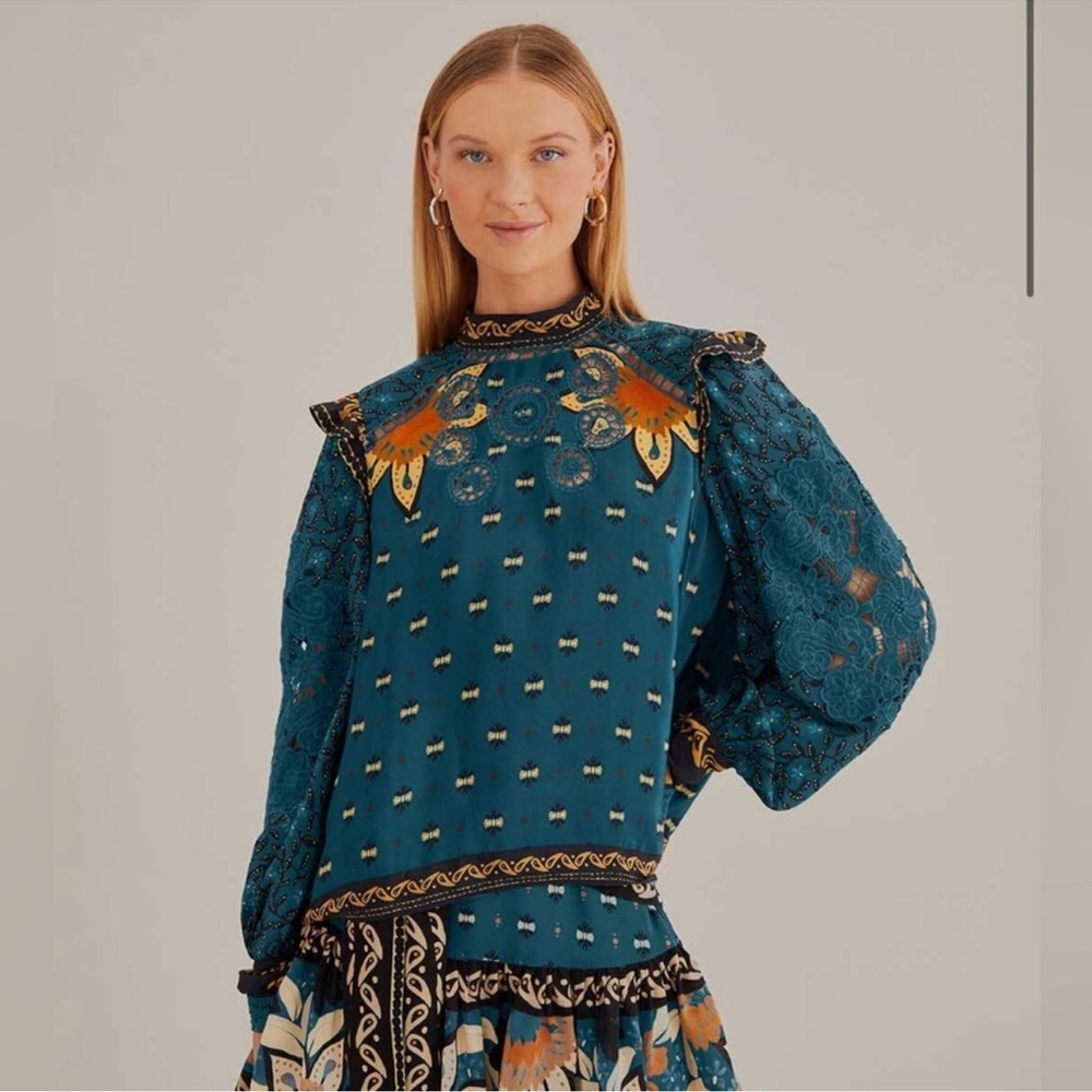 Farm Rio Ainika Chill Long Sleeved Teal Silky Appliqué Blouse M